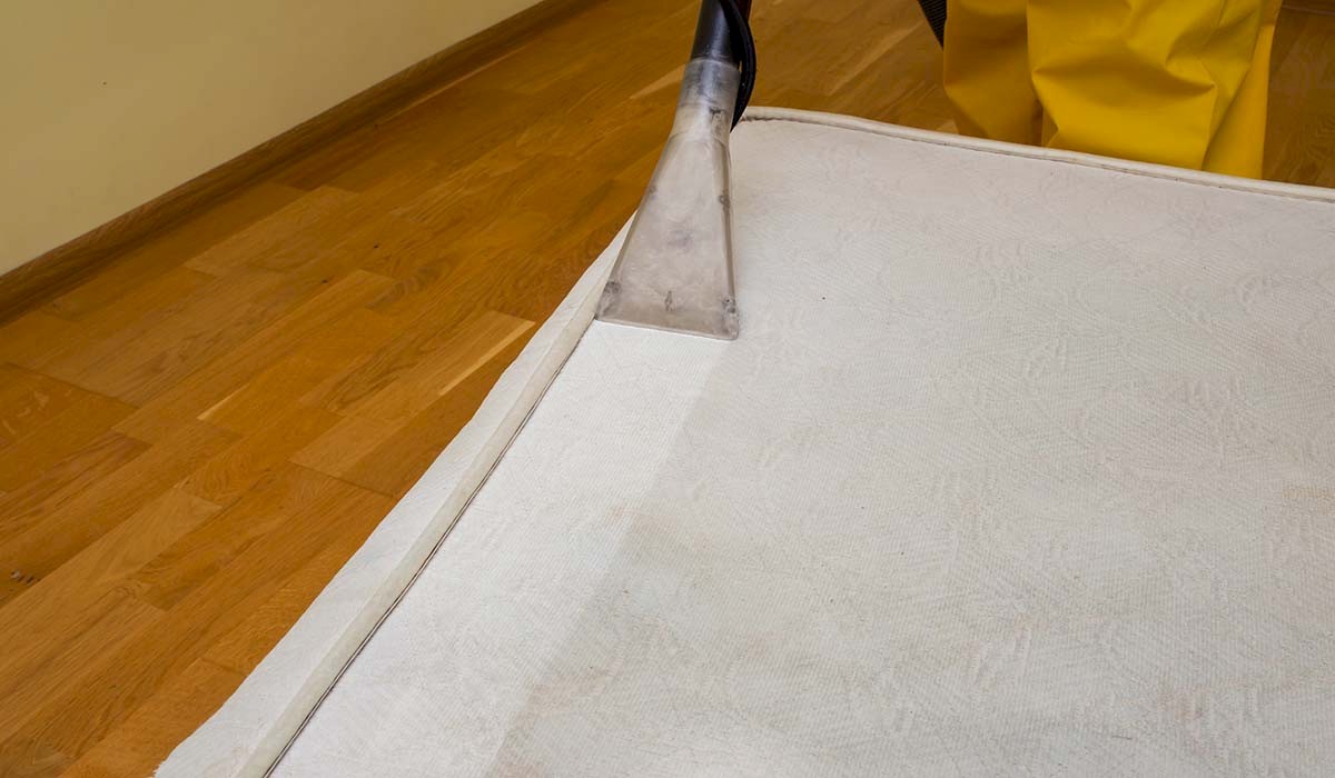 a bed box spring being steam cleaned to remove stains and dirt