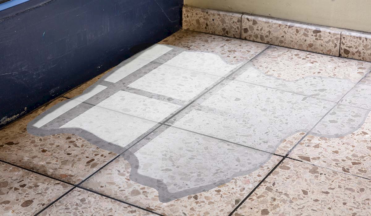 a bathroom tile floor showing water damage